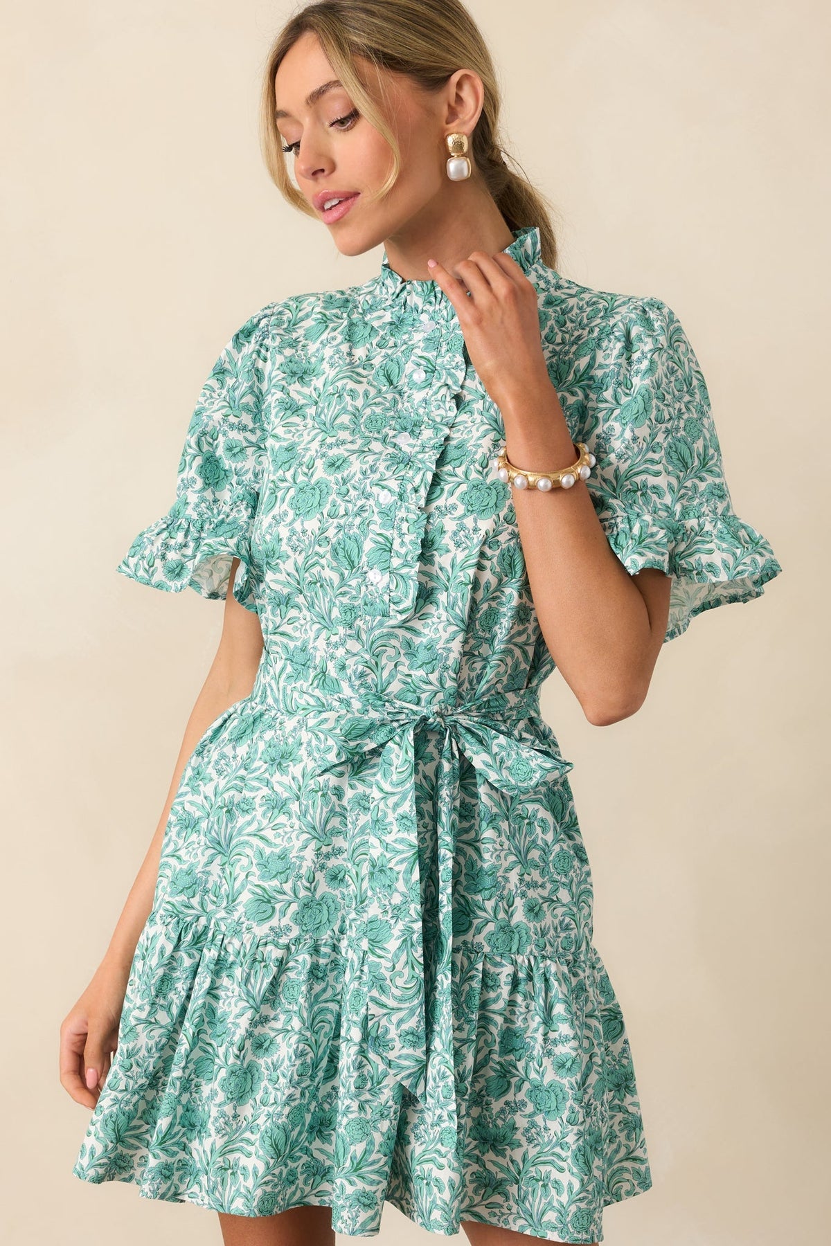 The Right Timing Teal Green Floral Cotton Mini Shirt Dress