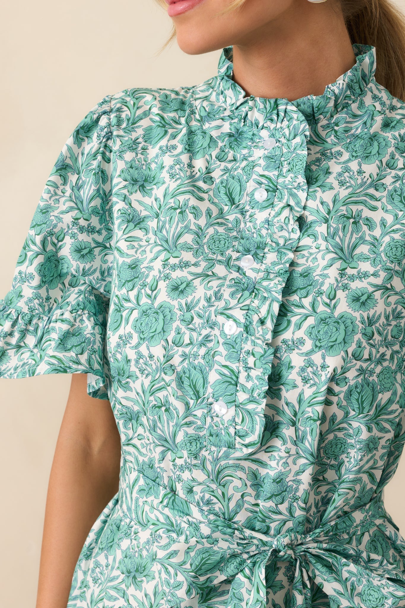 The Right Timing Teal Green Floral Cotton Mini Shirt Dress