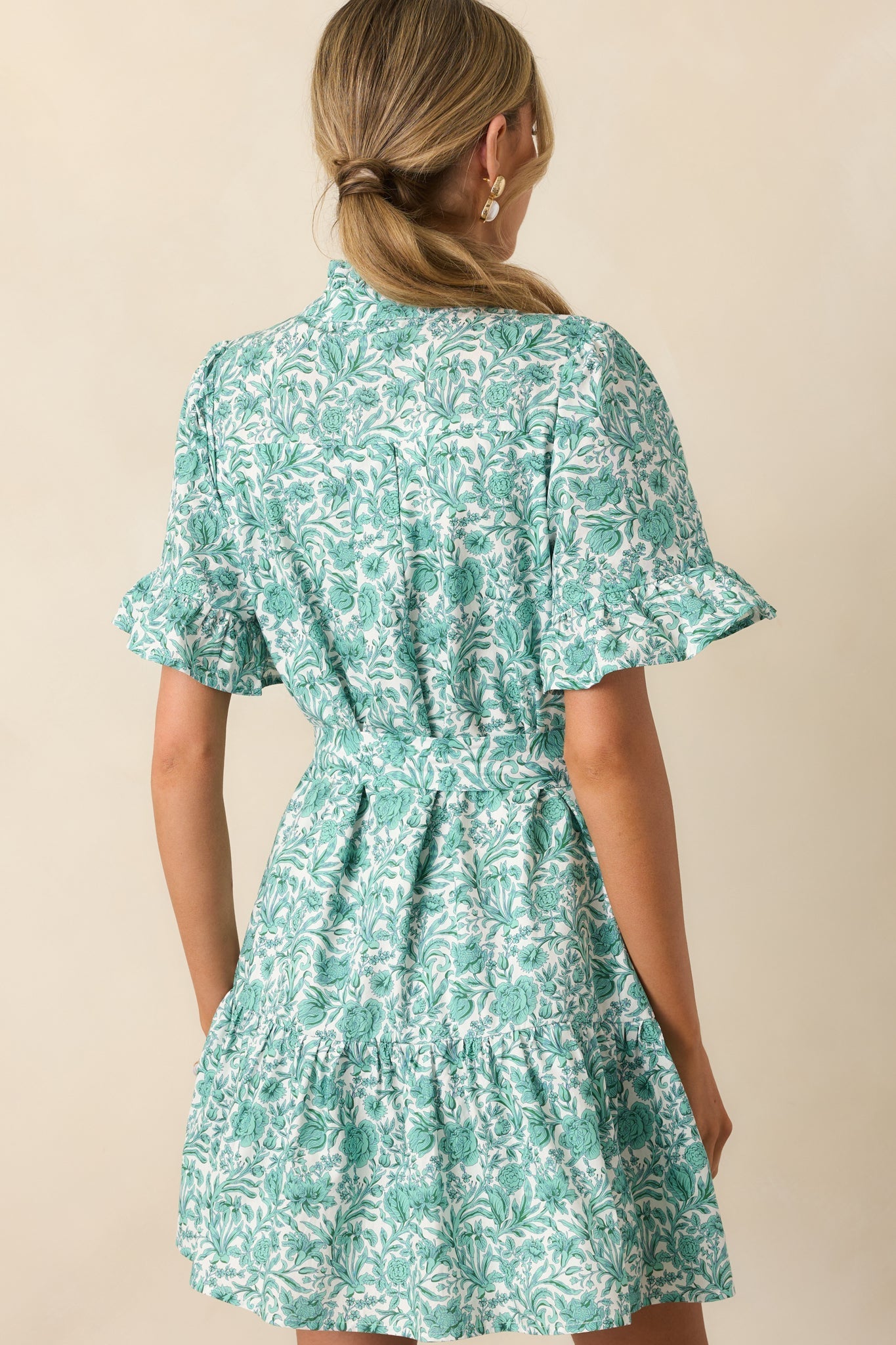 The Right Timing Teal Green Floral Cotton Mini Shirt Dress