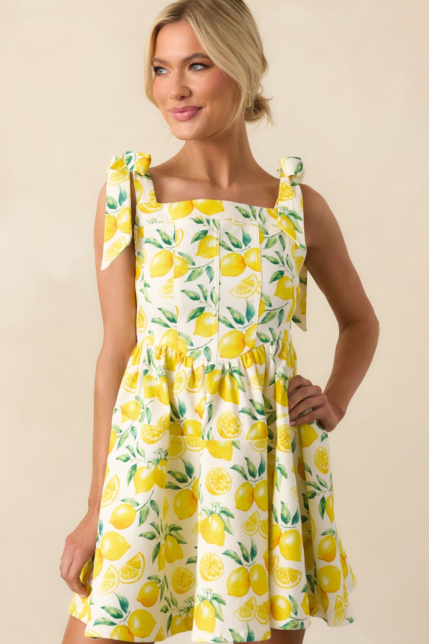Sounds Like Fun Ivory Lemon Print Cotton Denim Mini Dress