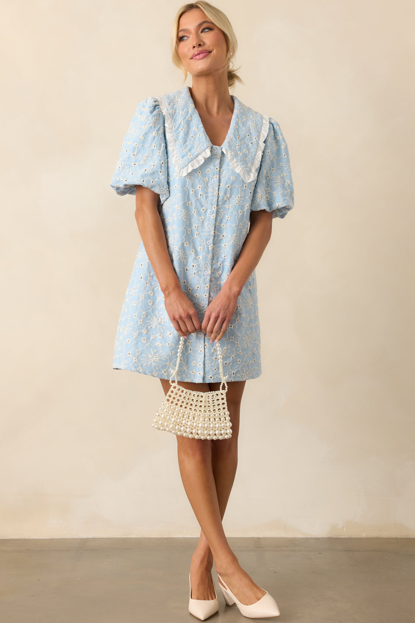 Kind Of Everything Light Blue Cotton Embroidered Eyelet Mini Dress