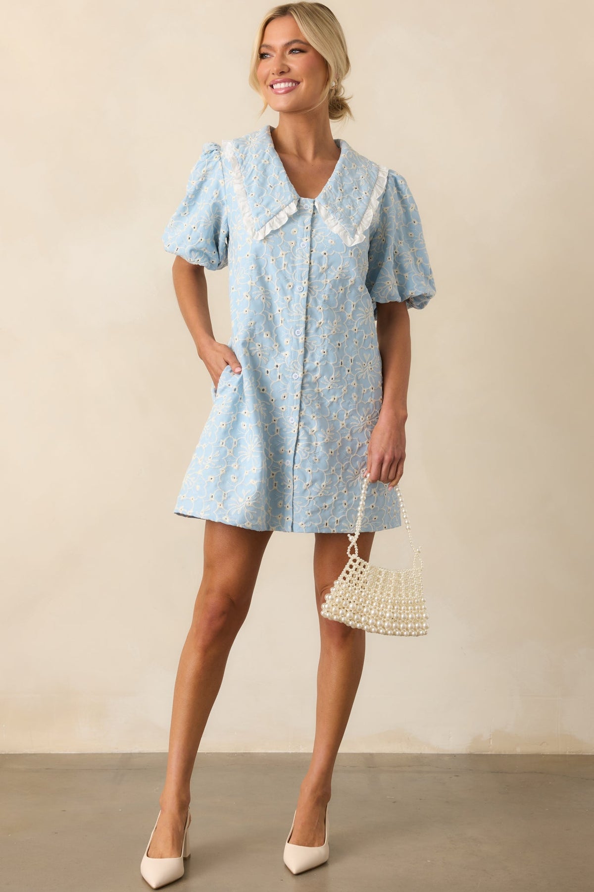 Kind Of Everything Light Blue Cotton Embroidered Eyelet Mini Dress