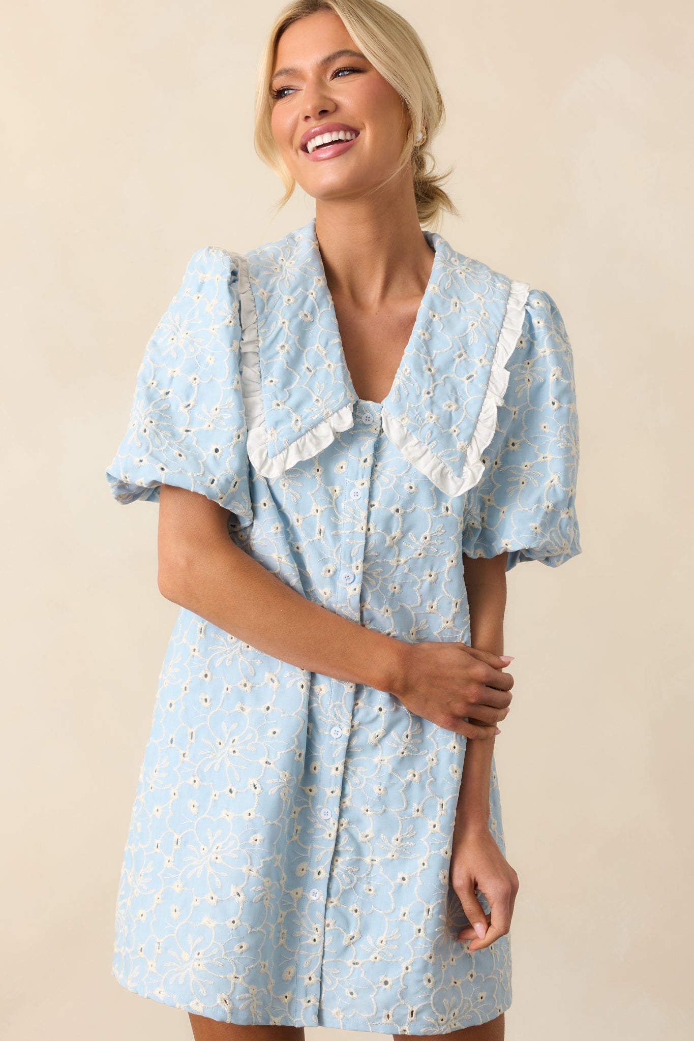 Kind Of Everything Light Blue Cotton Embroidered Eyelet Mini Dress