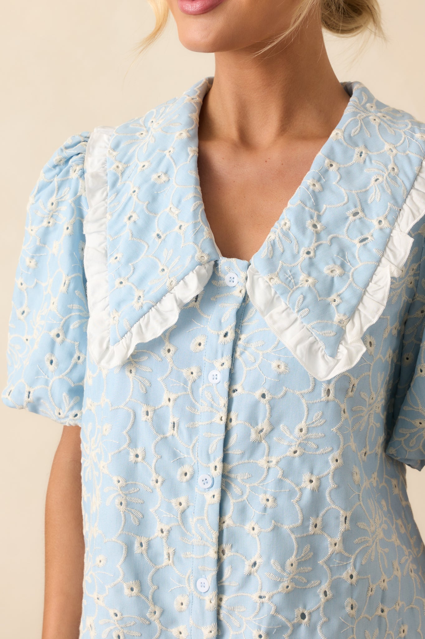 Kind Of Everything Light Blue Cotton Embroidered Eyelet Mini Dress