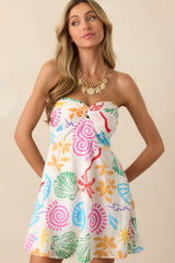 I Like It Here Ivory Tropical Print Rayon Strapless Mini Dress