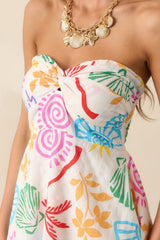 I Like It Here Ivory Tropical Print Rayon Strapless Mini Dress