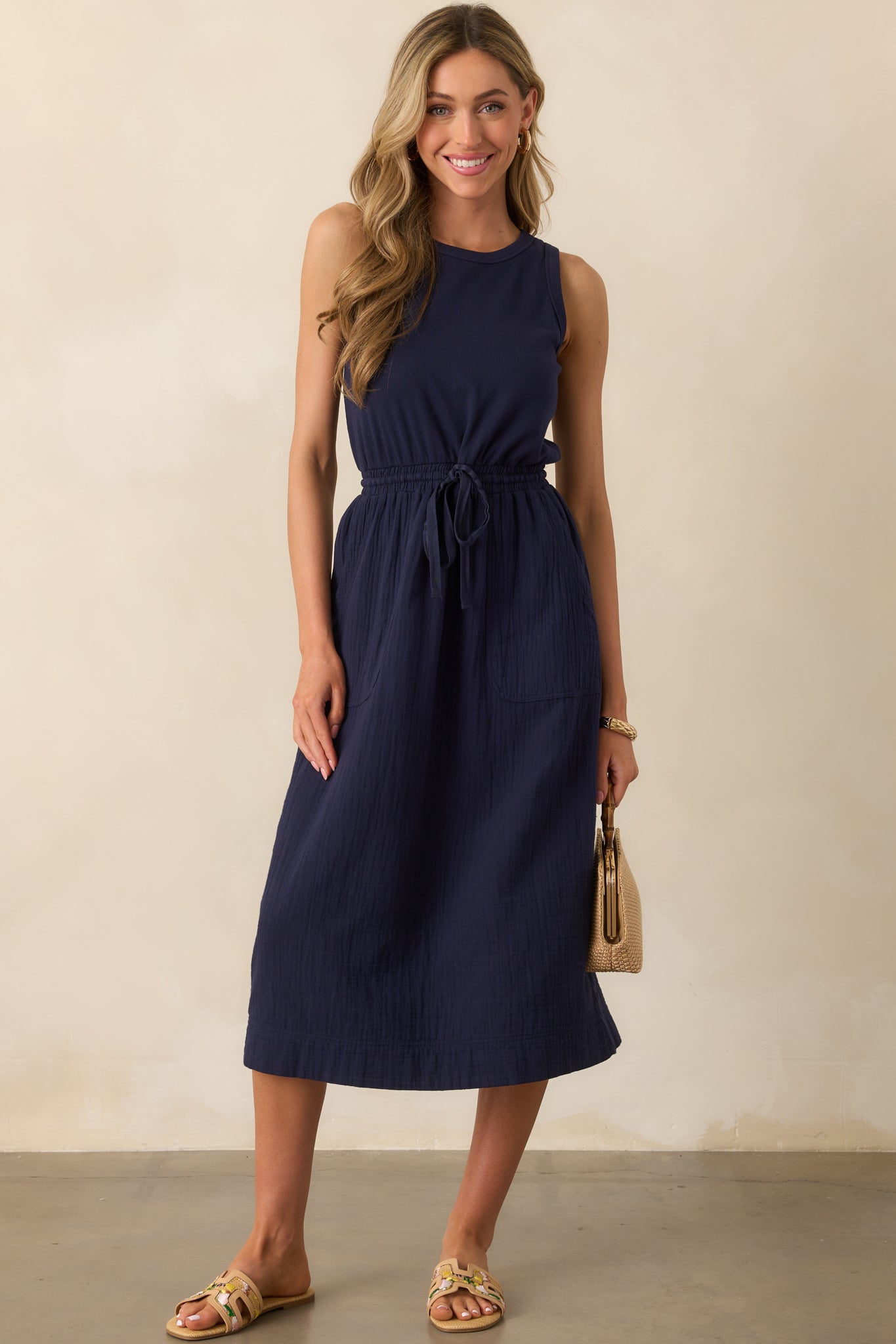 Moving Slowly Navy Cotton Gauze Sleeveless Midi Dress