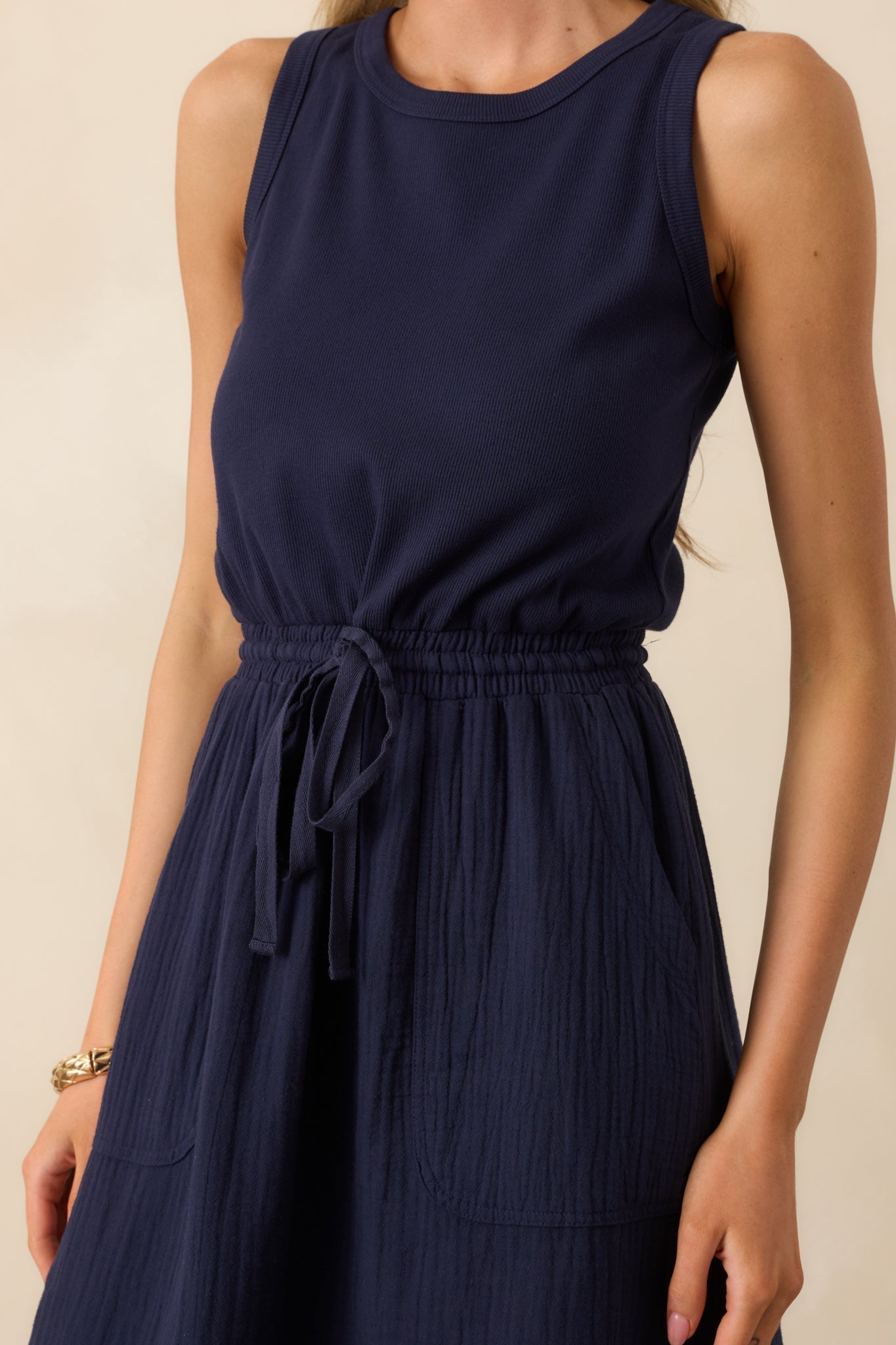 Moving Slowly Navy Cotton Gauze Sleeveless Midi Dress