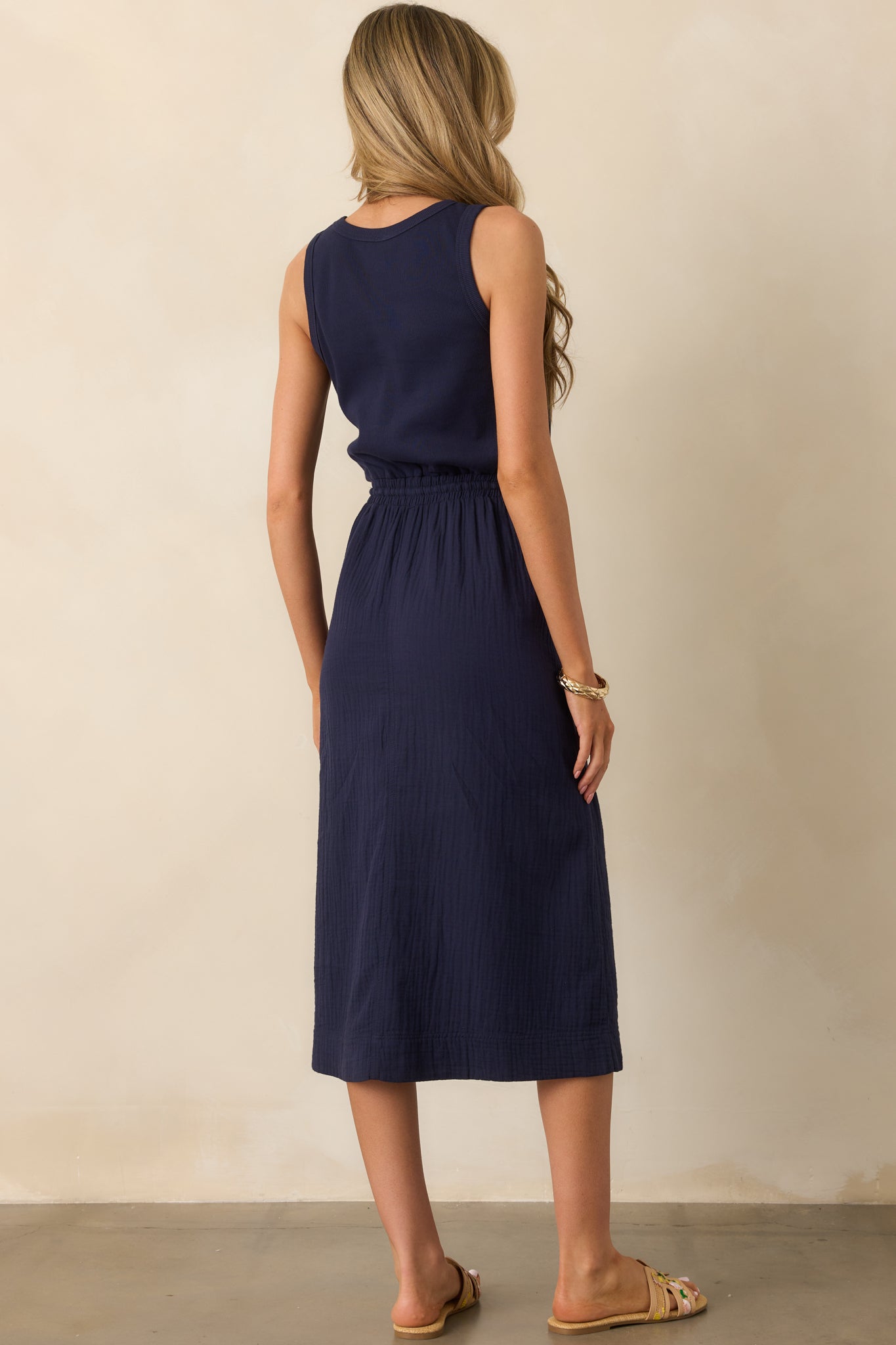 Moving Slowly Navy Cotton Gauze Sleeveless Midi Dress