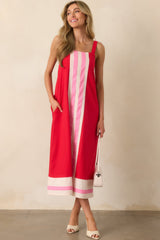 Never That Serious Red Color Block Linen Maxi Dress