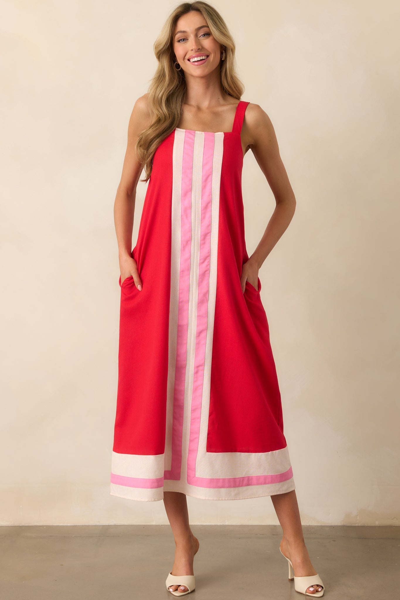 Never That Serious Red Color Block Linen Maxi Dress