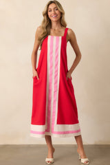 Never That Serious Red Color Block Linen Maxi Dress