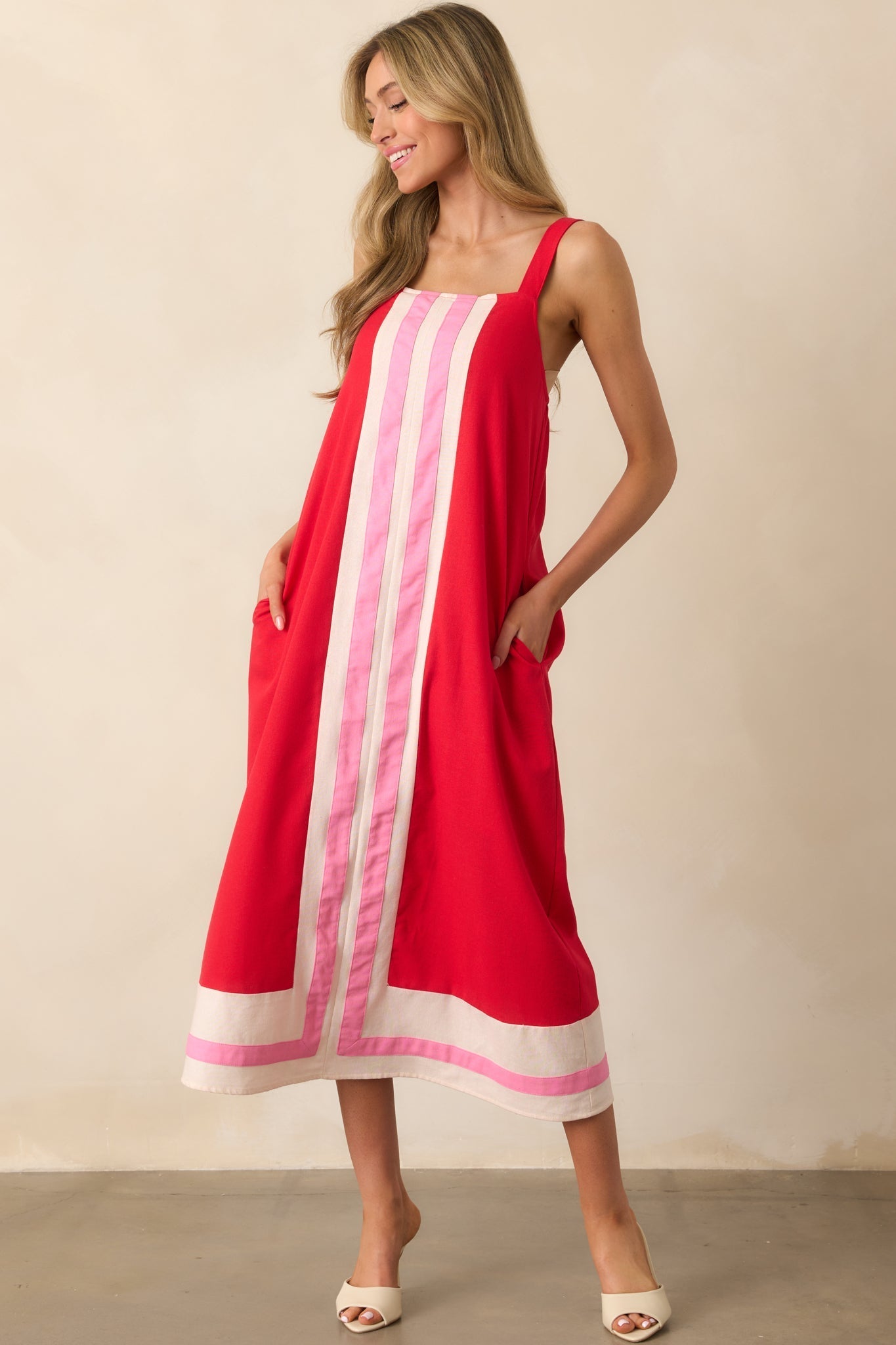 Never That Serious Red Color Block Linen Maxi Dress