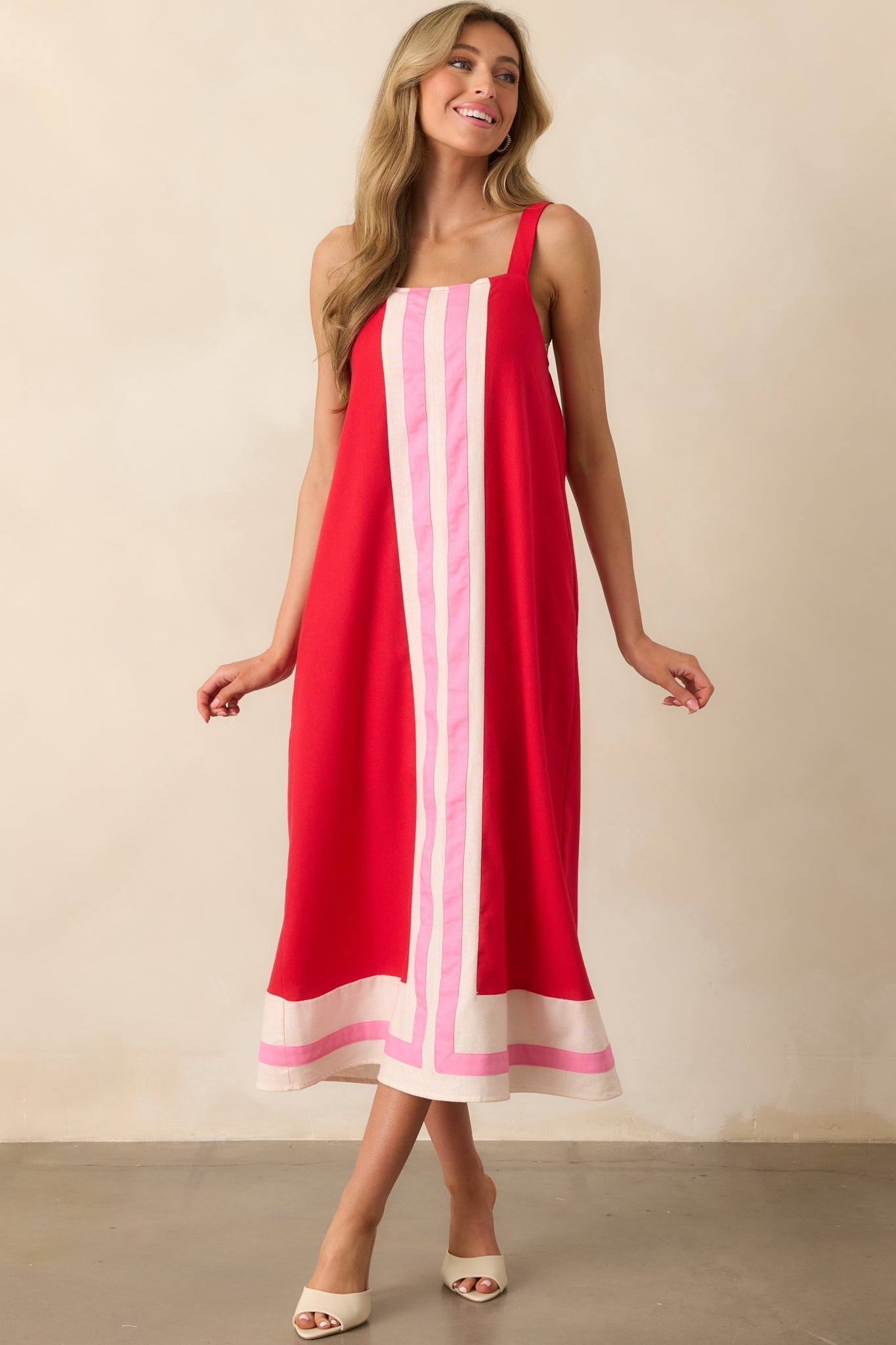 Never That Serious Red Color Block Linen Maxi Dress