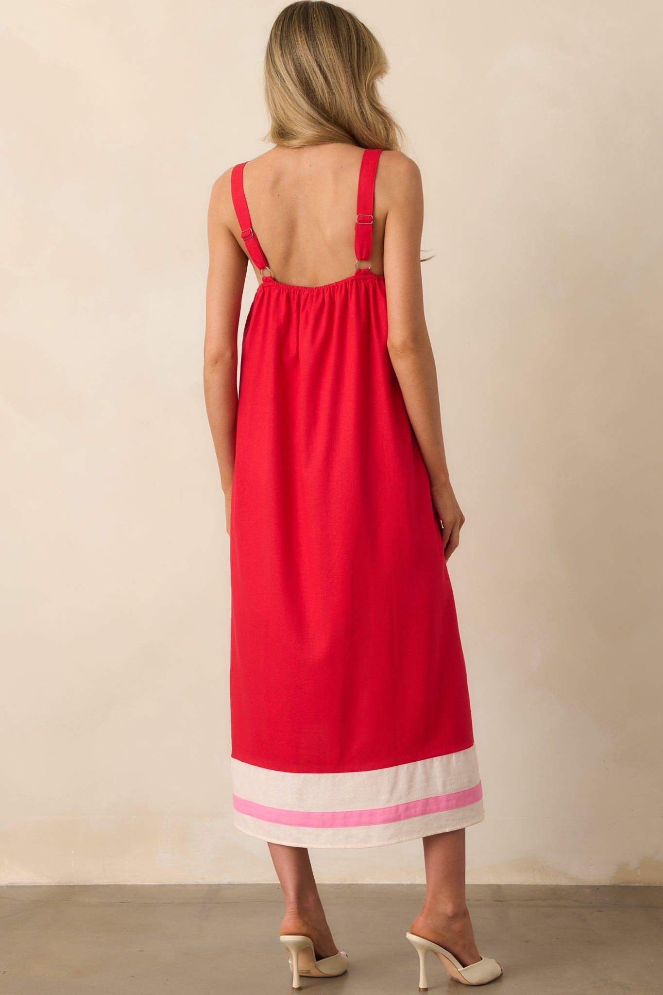 Never That Serious Red Color Block Linen Maxi Dress