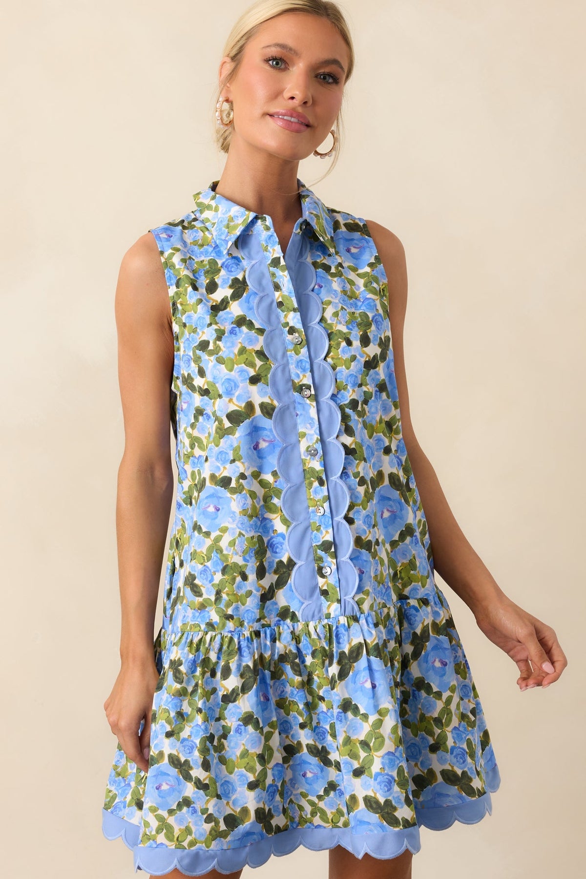 A Day To Remember Blue Floral Cotton Mini Shirt Dress