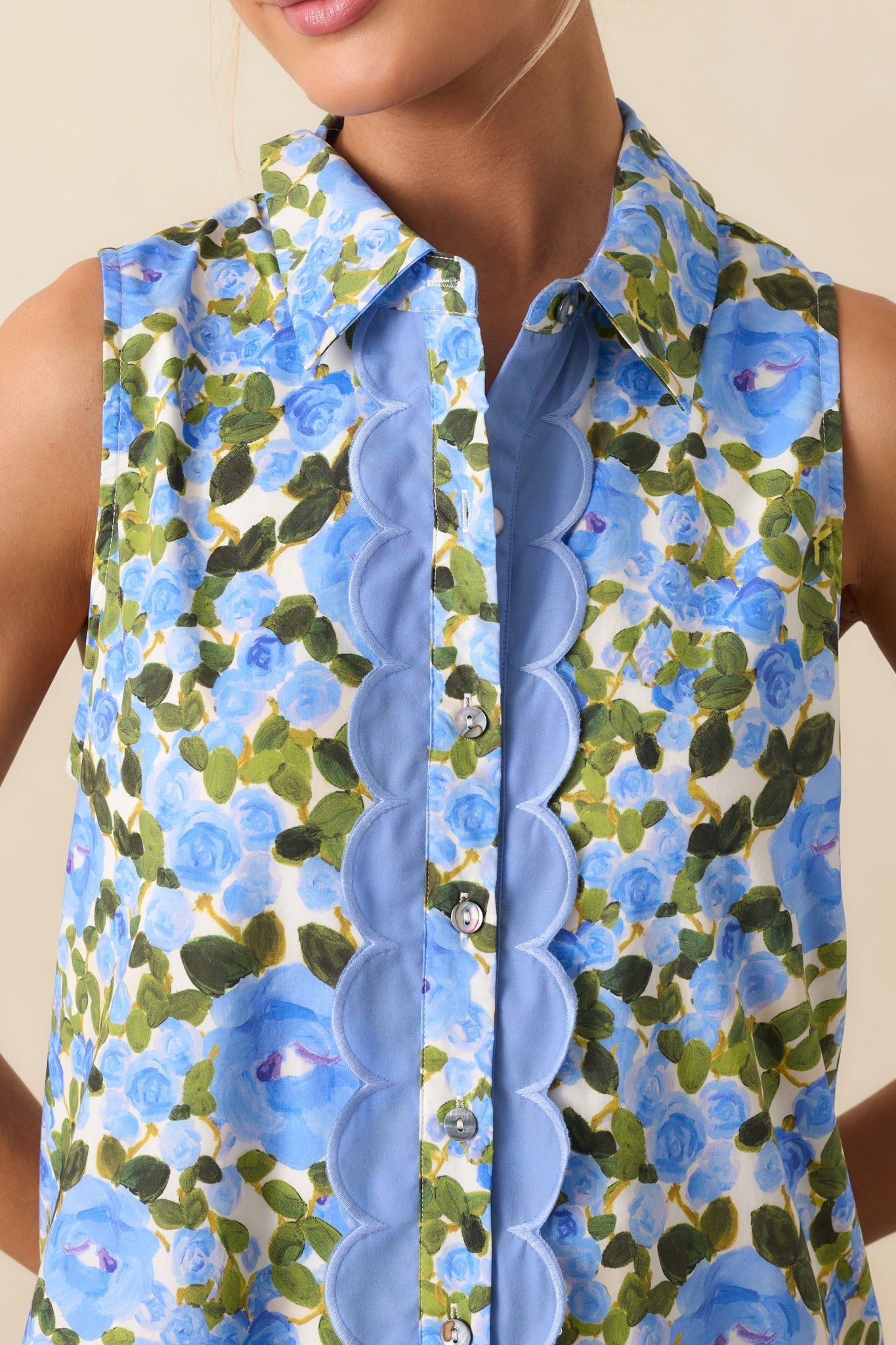 A Day To Remember Blue Floral Cotton Mini Shirt Dress