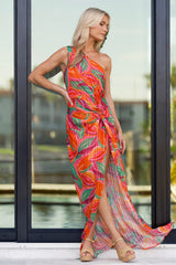 Shining Brighter Orange Multi Floral Print One Shoulder Maxi Dress