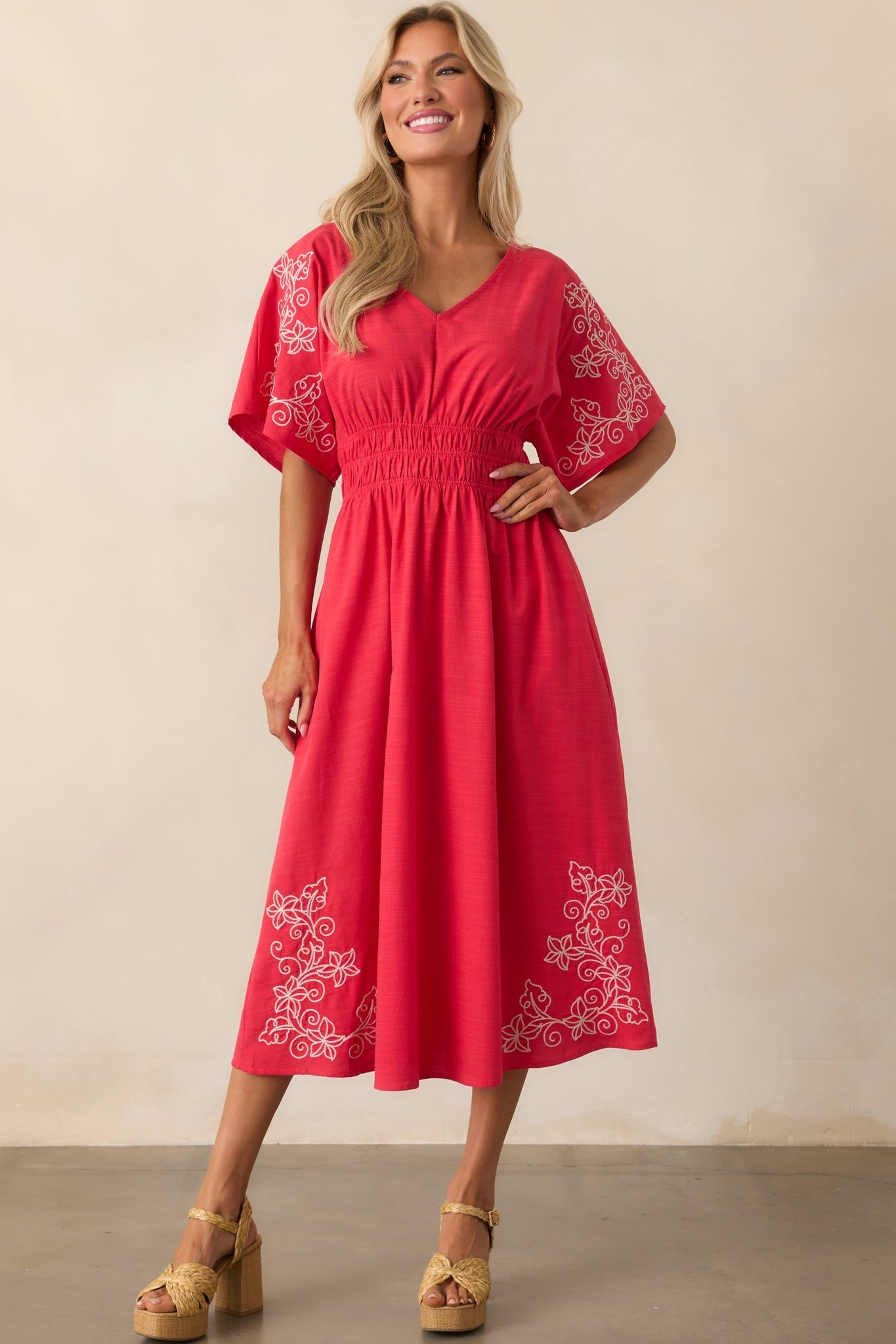 Finding Your Way Red Floral Embroidered Cotton Midi Dress