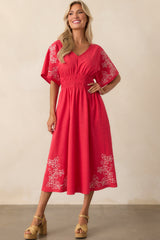 Finding Your Way Red Floral Embroidered Cotton Midi Dress