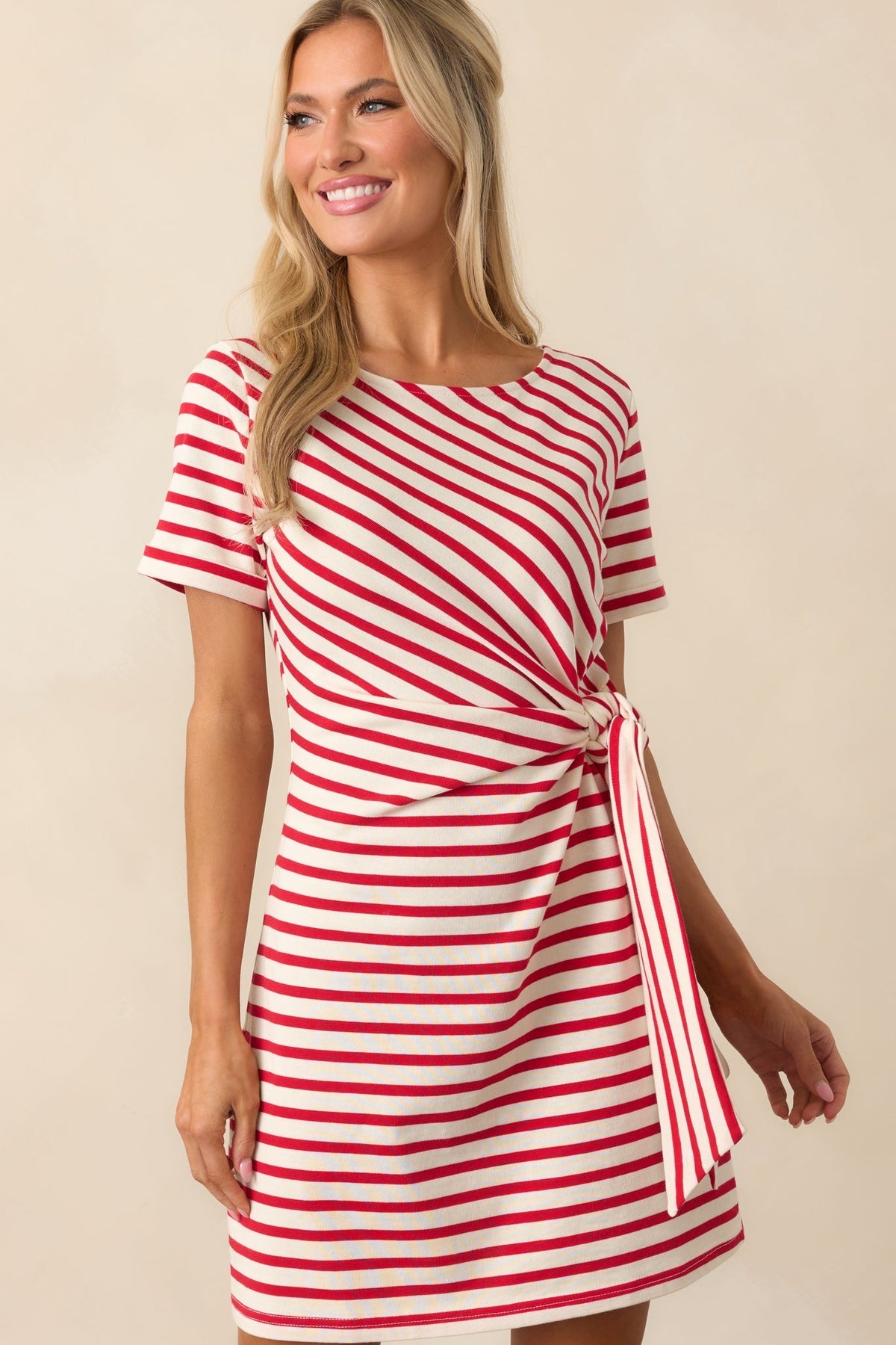 A Little Reminder Red Stripe Cotton Tie-Waist Mini Dress