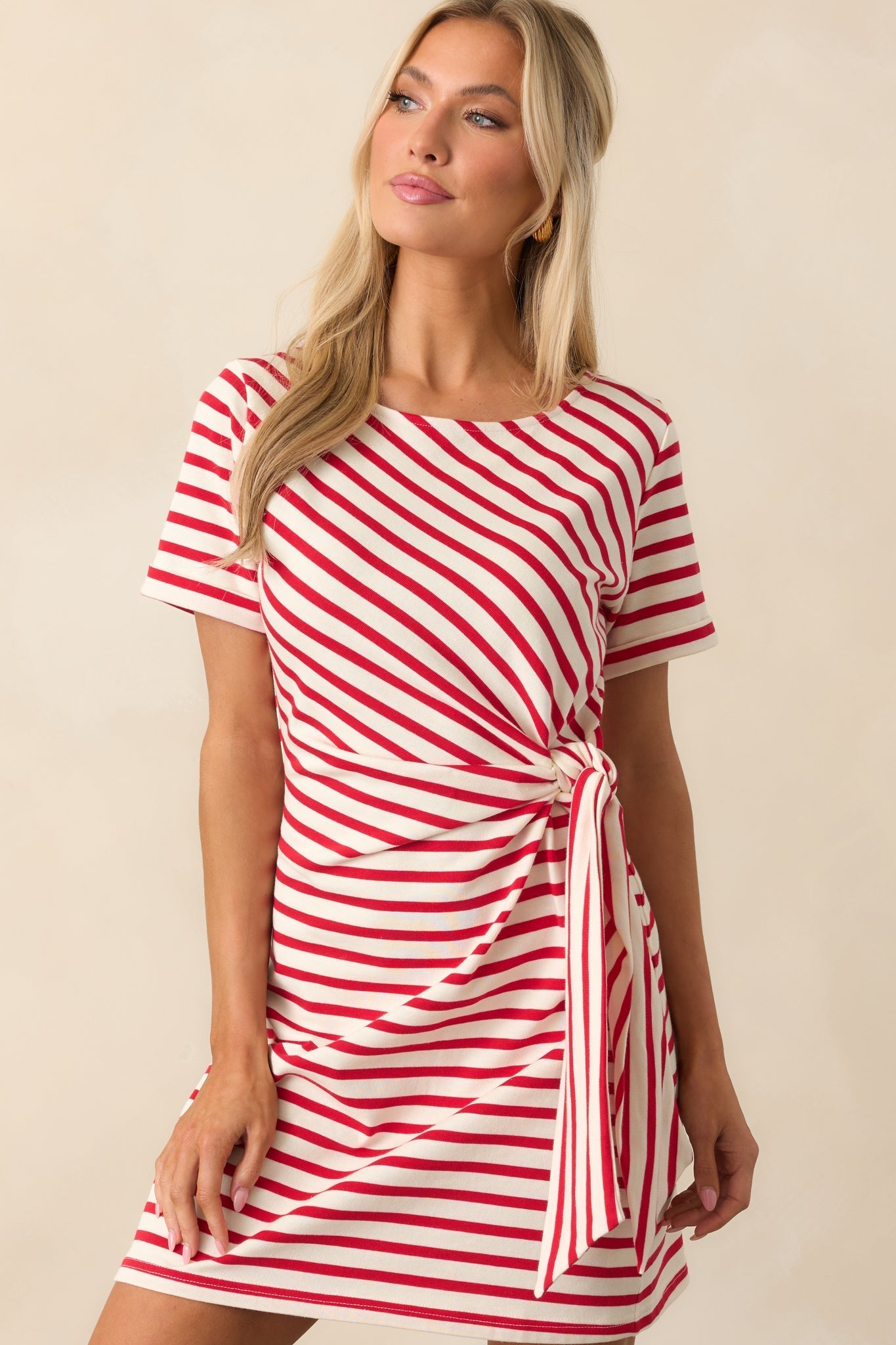 A Little Reminder Red Stripe Cotton Tie-Waist Mini Dress