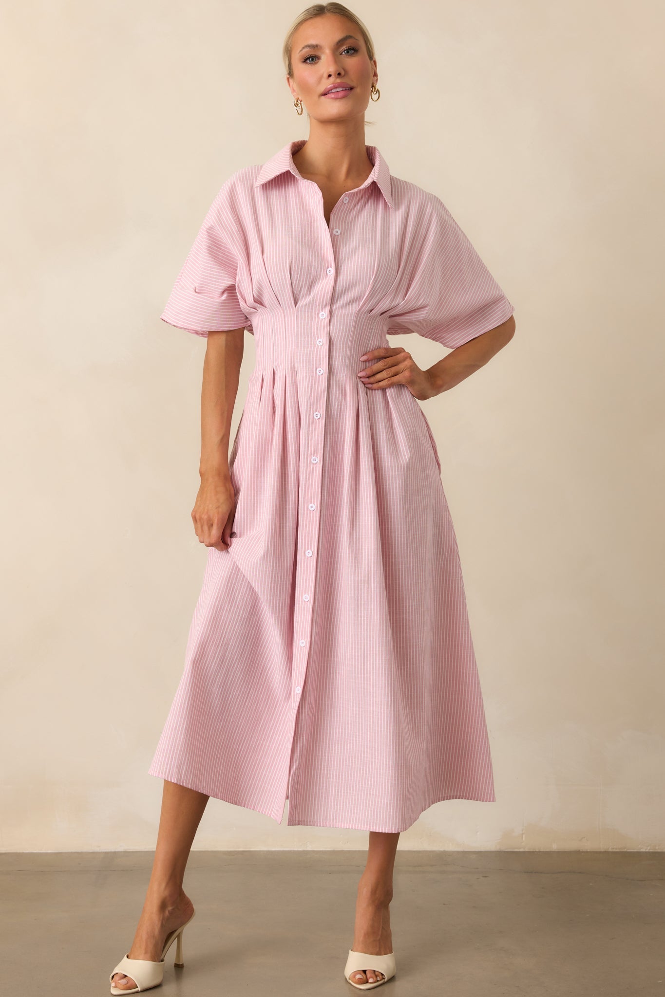 No Big Deal Pink Stripe Cotton Pleated Midi Shirt Dress