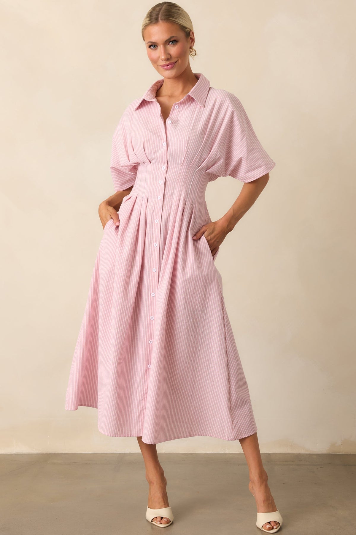 No Big Deal Pink Stripe Cotton Pleated Midi Shirt Dress