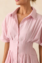 No Big Deal Pink Stripe Cotton Pleated Midi Shirt Dress