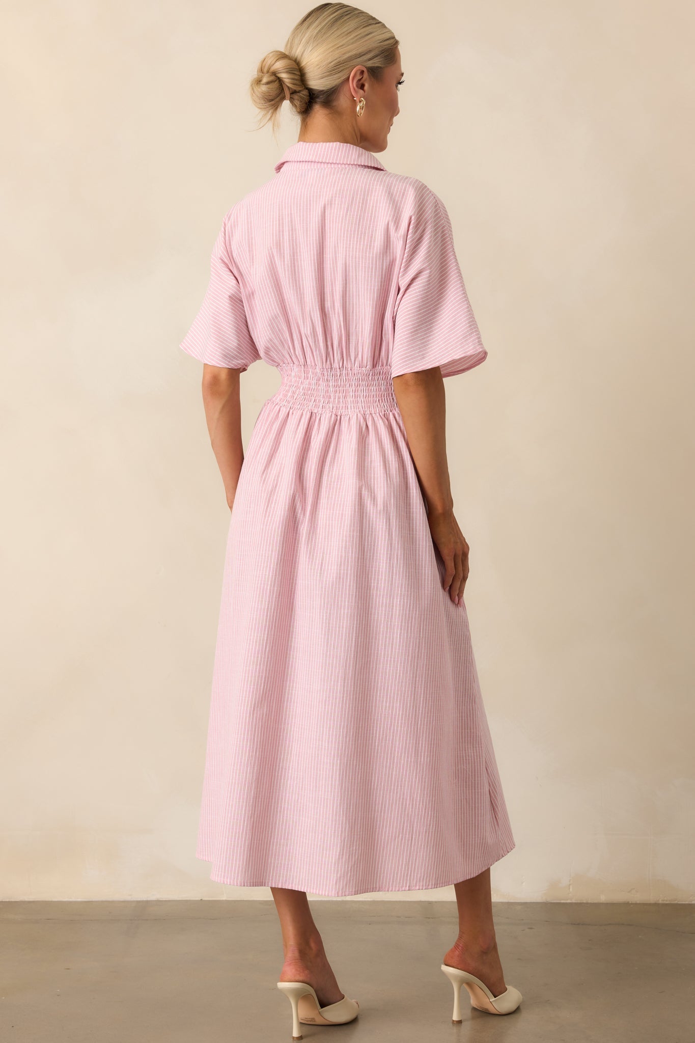 No Big Deal Pink Stripe Cotton Pleated Midi Shirt Dress