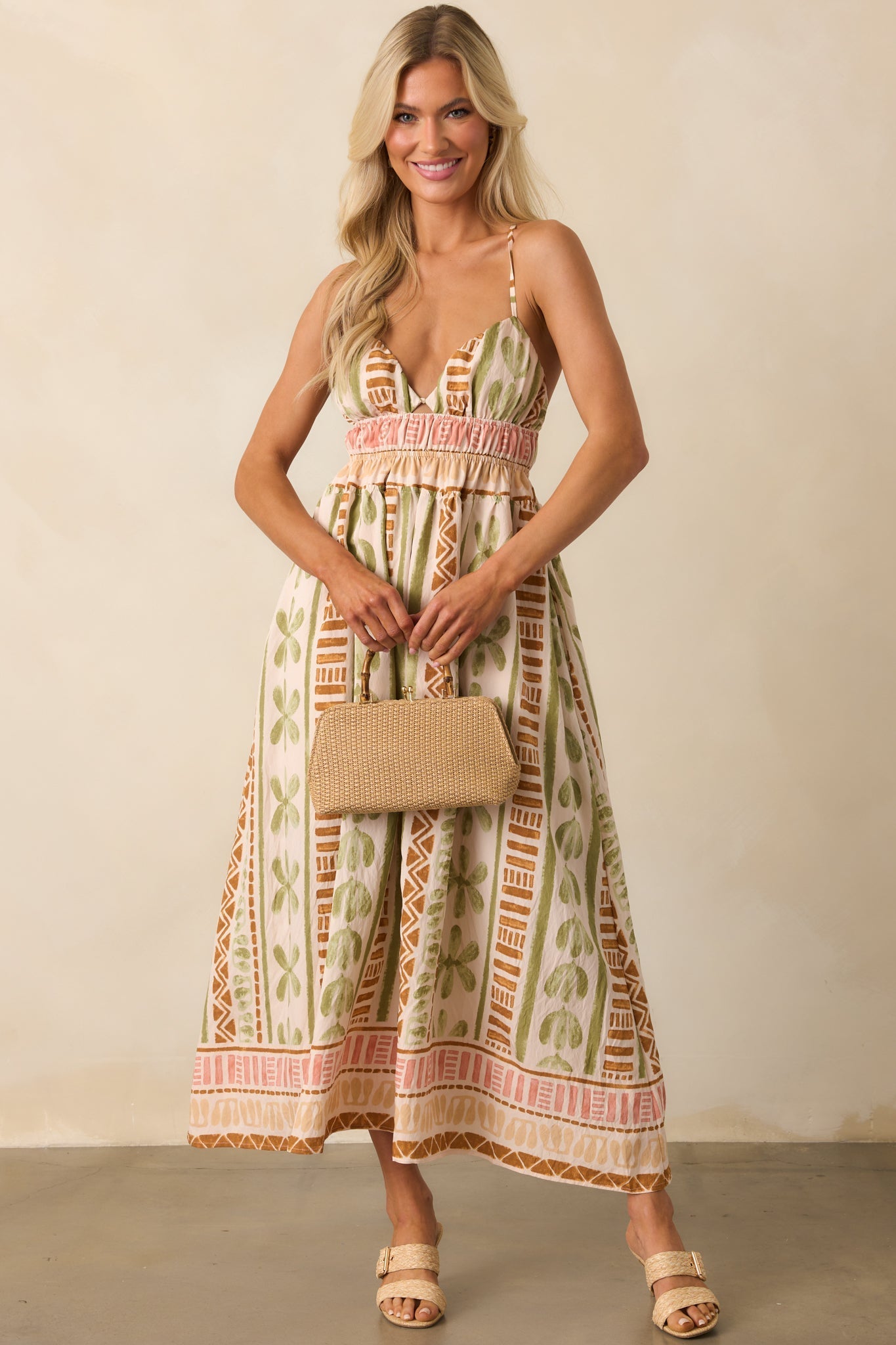 Always Intentional Light Beige Tropical Print Maxi Dress