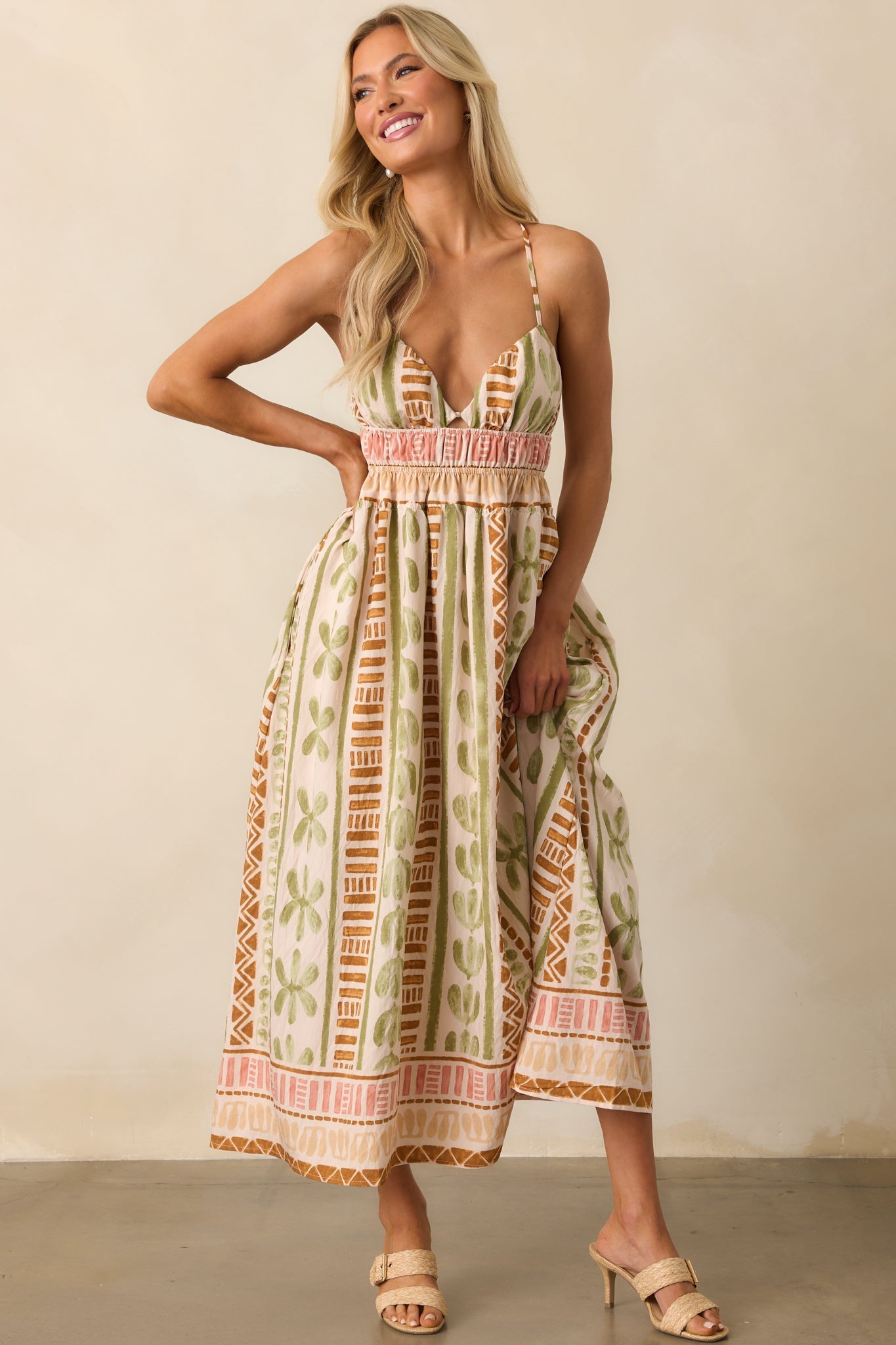 Always Intentional Light Beige Tropical Print Maxi Dress