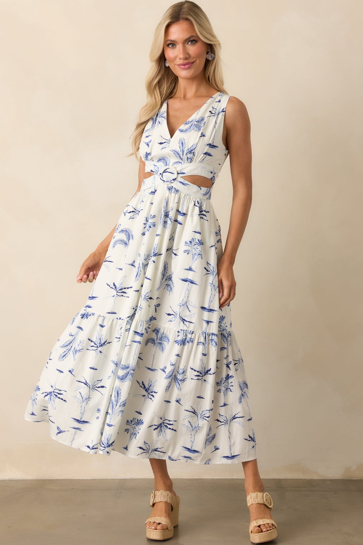 Callie Blue Palm Tree Print Cotton Cut-Out Maxi Dress