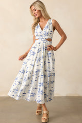 Callie Blue Palm Tree Print Cotton Cut-Out Maxi Dress