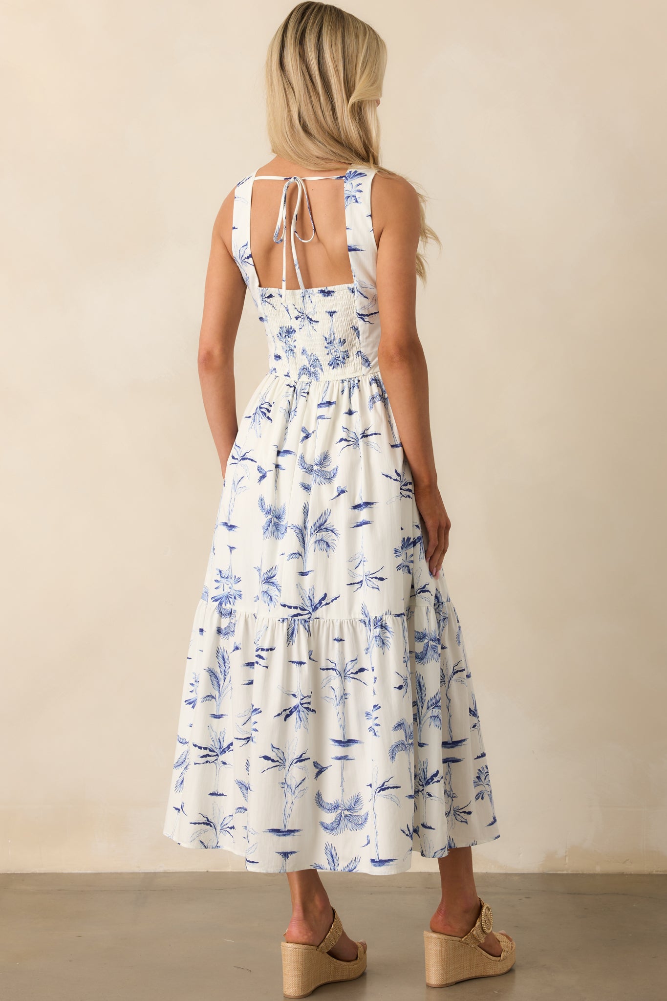 Callie Blue Palm Tree Print Cotton Cut-Out Maxi Dress