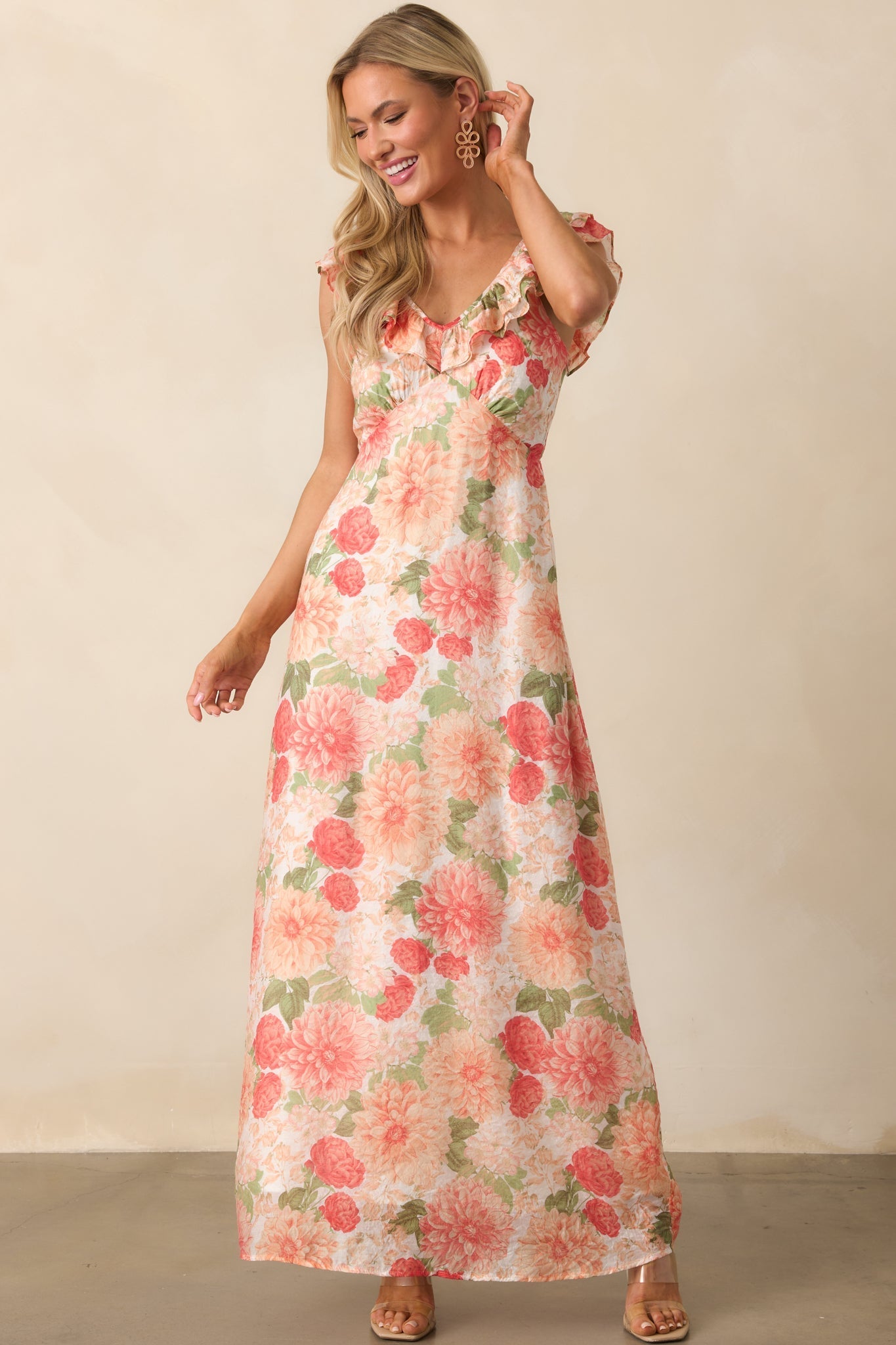MINKPINK Apricot Floral Aida Frill Maxi Dress