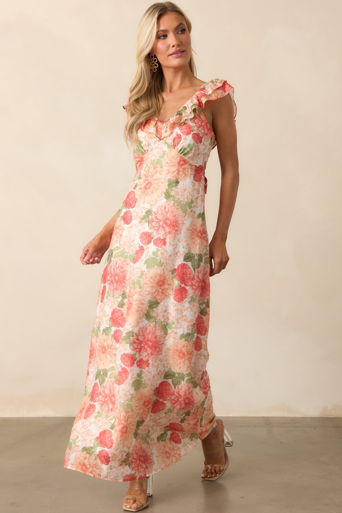 MINKPINK Apricot Floral Aida Frill Maxi Dress