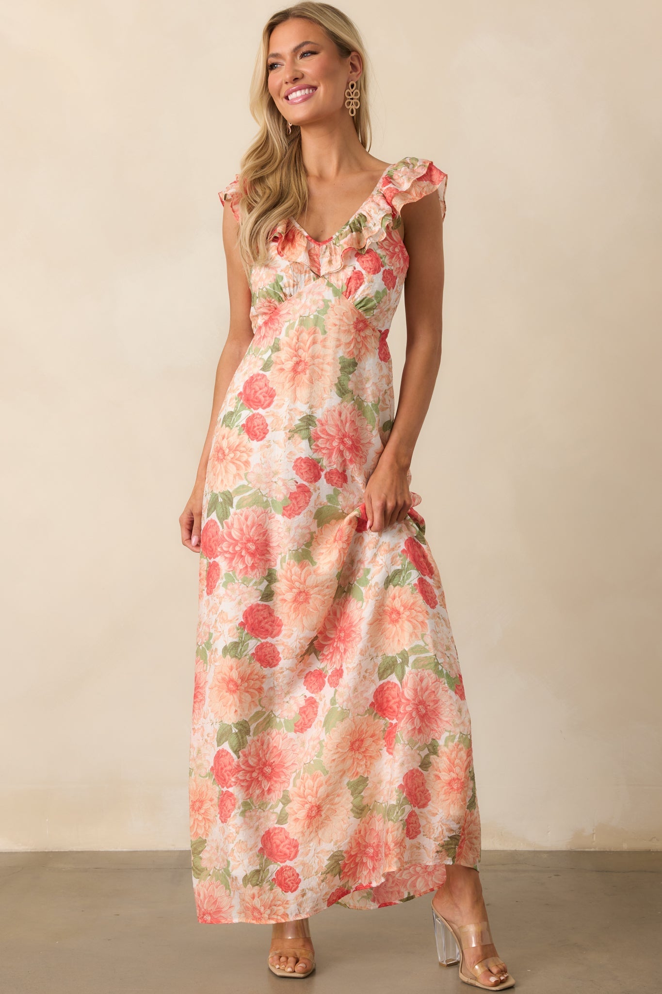 MINKPINK Apricot Floral Aida Frill Maxi Dress