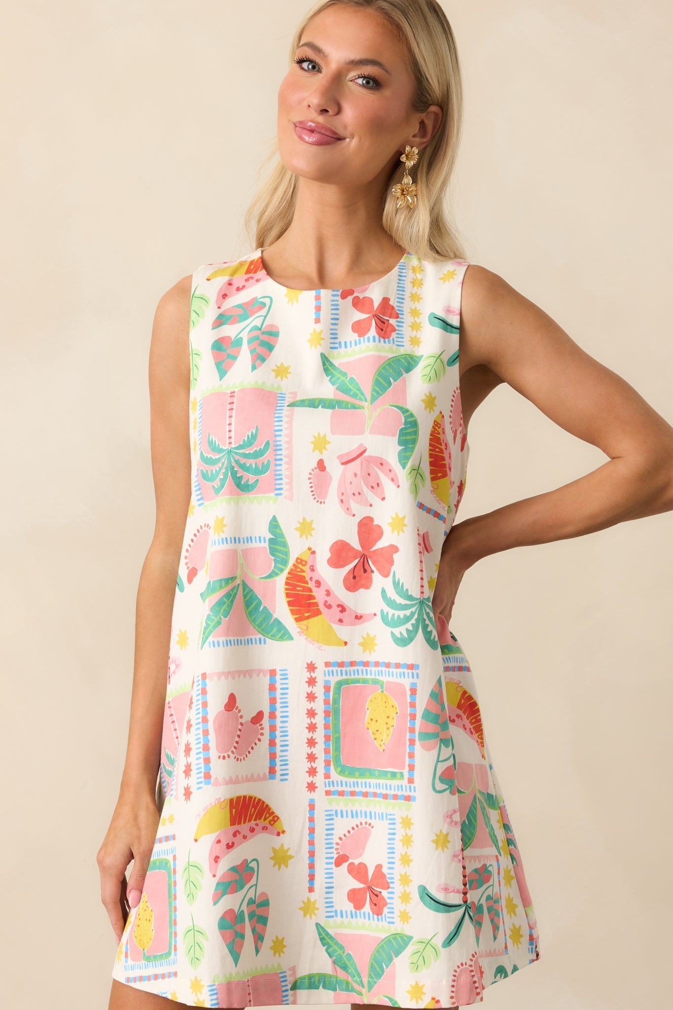 Just Go With It Ivory Patchwork Tropical Print Cotton Mini Dress
