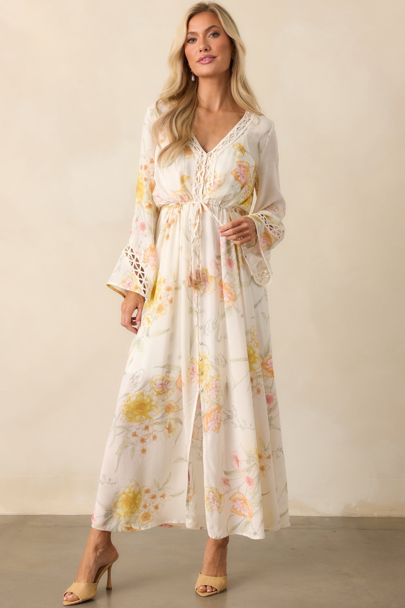 Calm Through The Chaos Ivory Multi Floral Print Rayon Maxi Dress