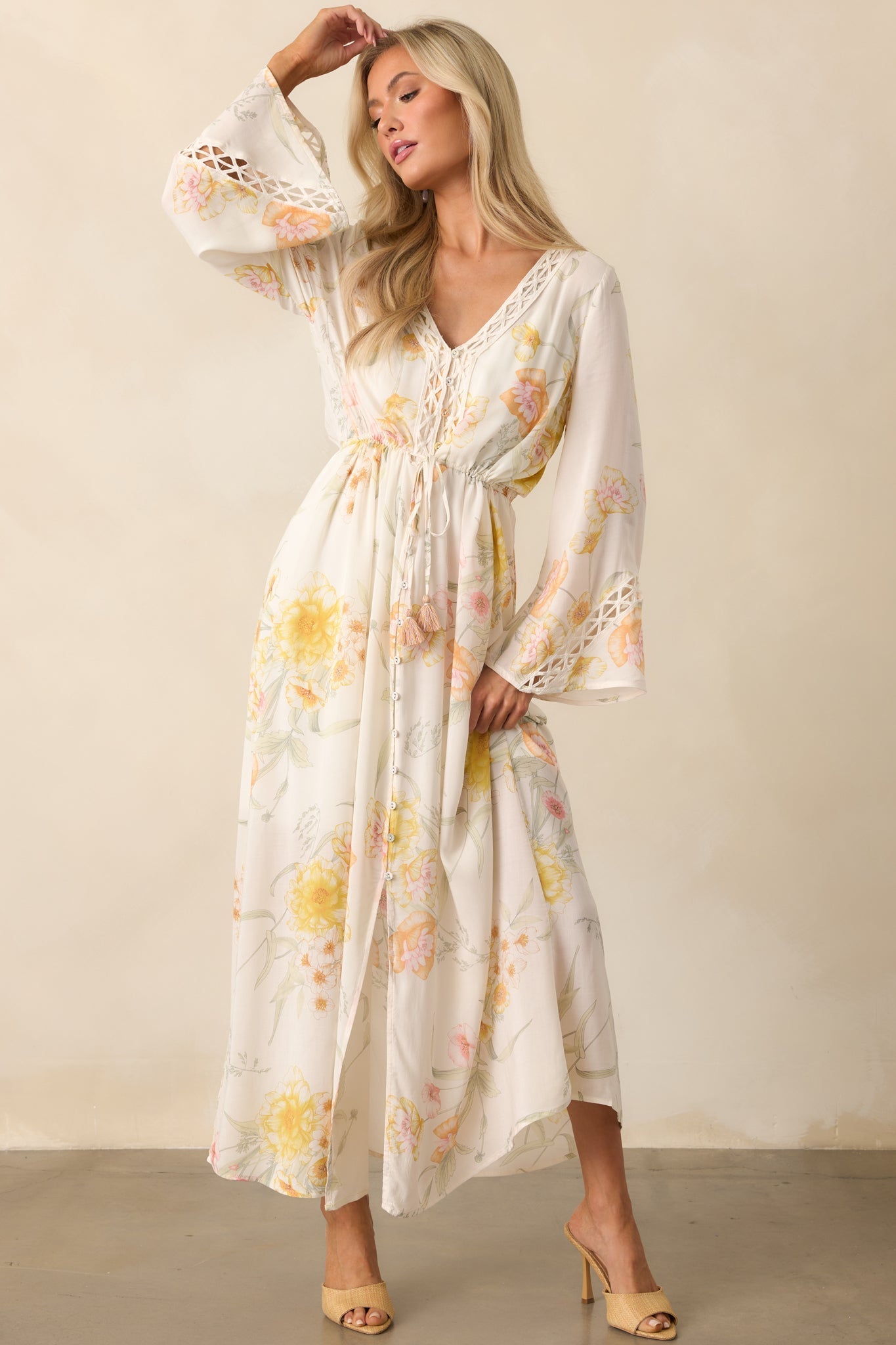 Calm Through The Chaos Ivory Multi Floral Print Rayon Maxi Dress