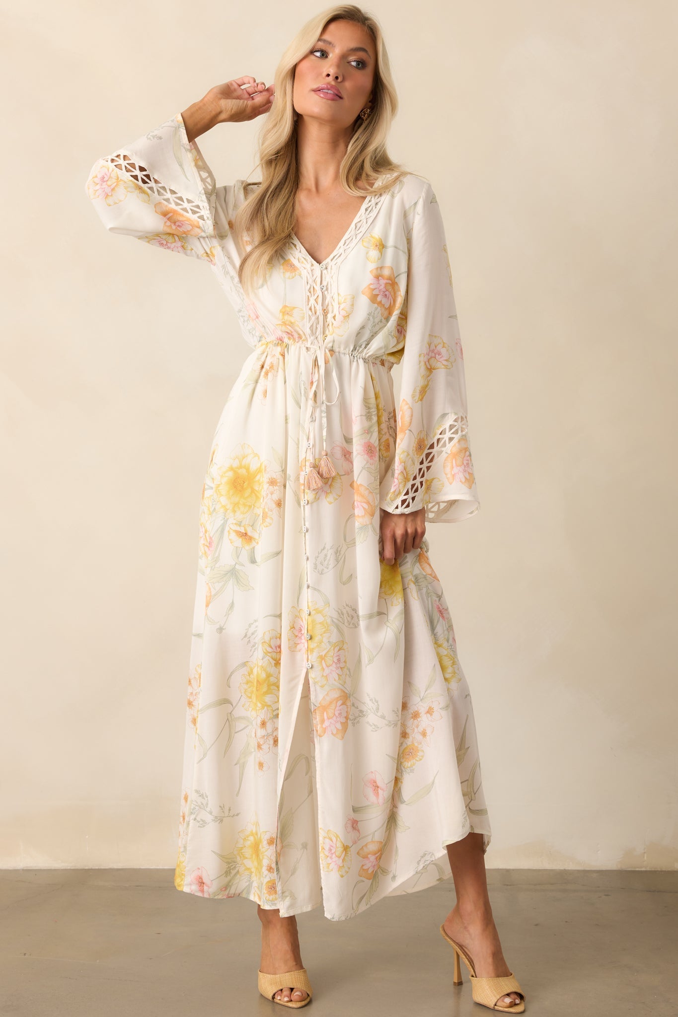 Calm Through The Chaos Ivory Multi Floral Print Rayon Maxi Dress