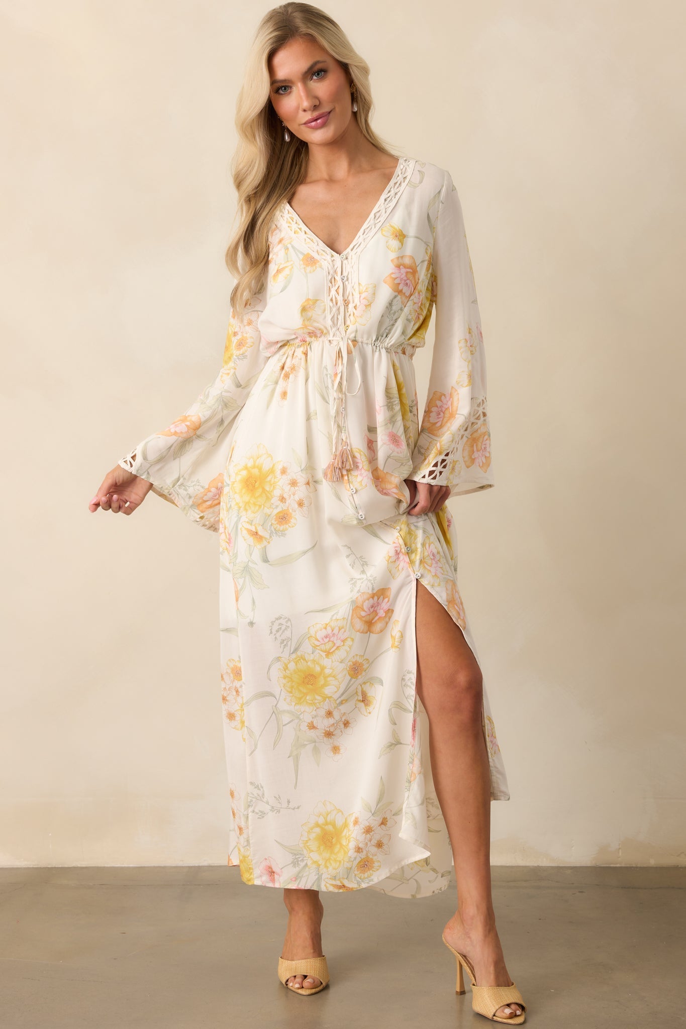 Calm Through The Chaos Ivory Multi Floral Print Rayon Maxi Dress