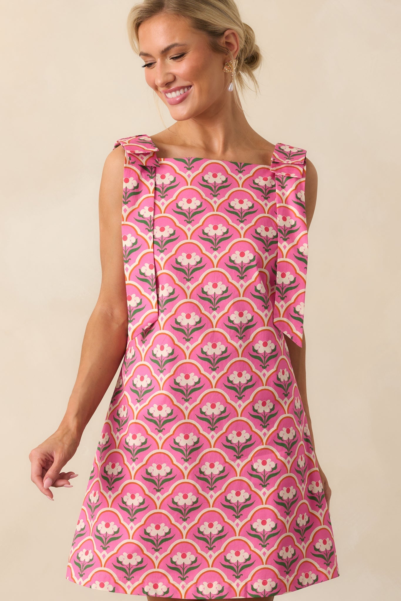 Someone So Lovely Pink Geometric Floral Print Cotton Mini Dress
