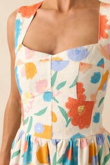 A Familiar Feeling Orange Floral Print Cotton Denim Midi Dress