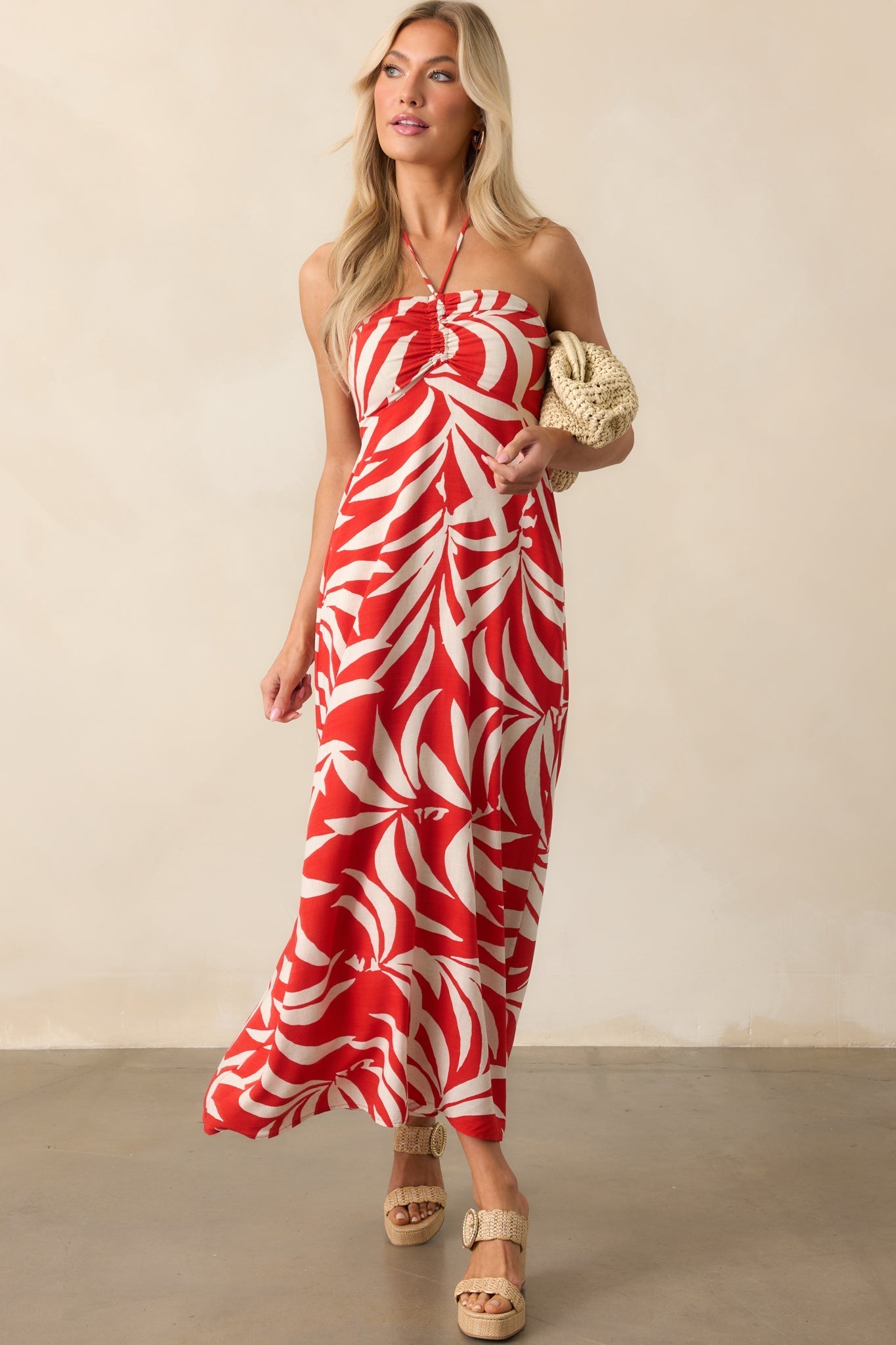 Z Supply Red Linen Blend Elodi Palm Floral Midi Dress