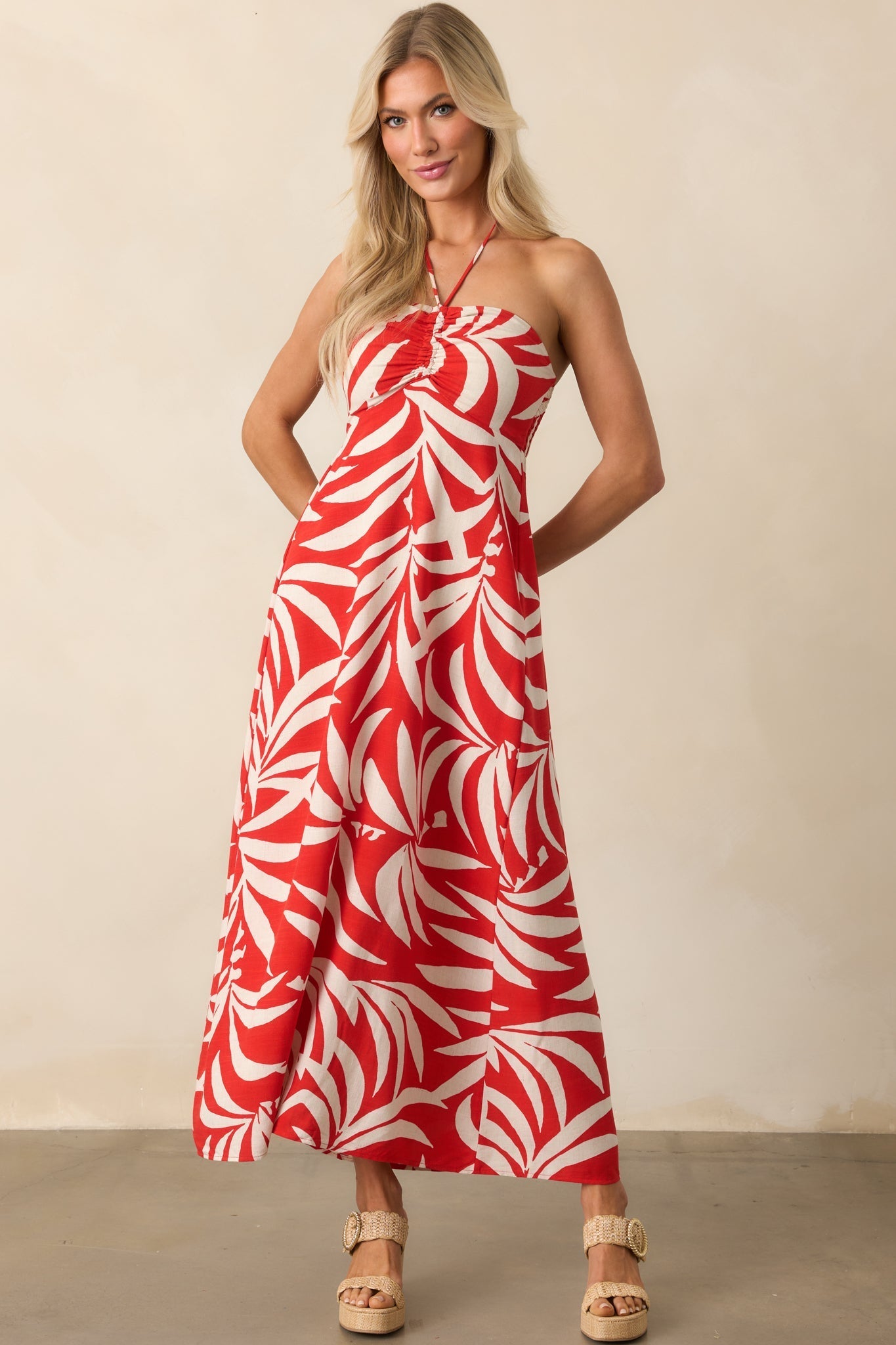 Z Supply Red Linen Blend Elodi Palm Floral Midi Dress