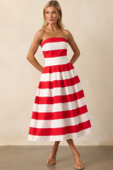 Crisp Contrast Red Stripe Strapless Midi Dress