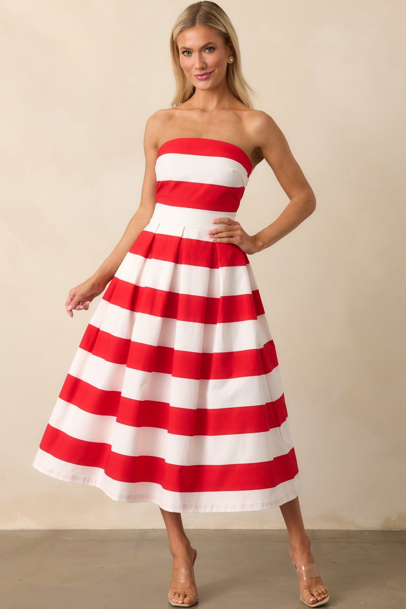 Crisp Contrast Red Stripe Strapless Midi Dress