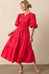 Afternoons At The Gallery Red Cotton Puff Sleeve Maxi Dress